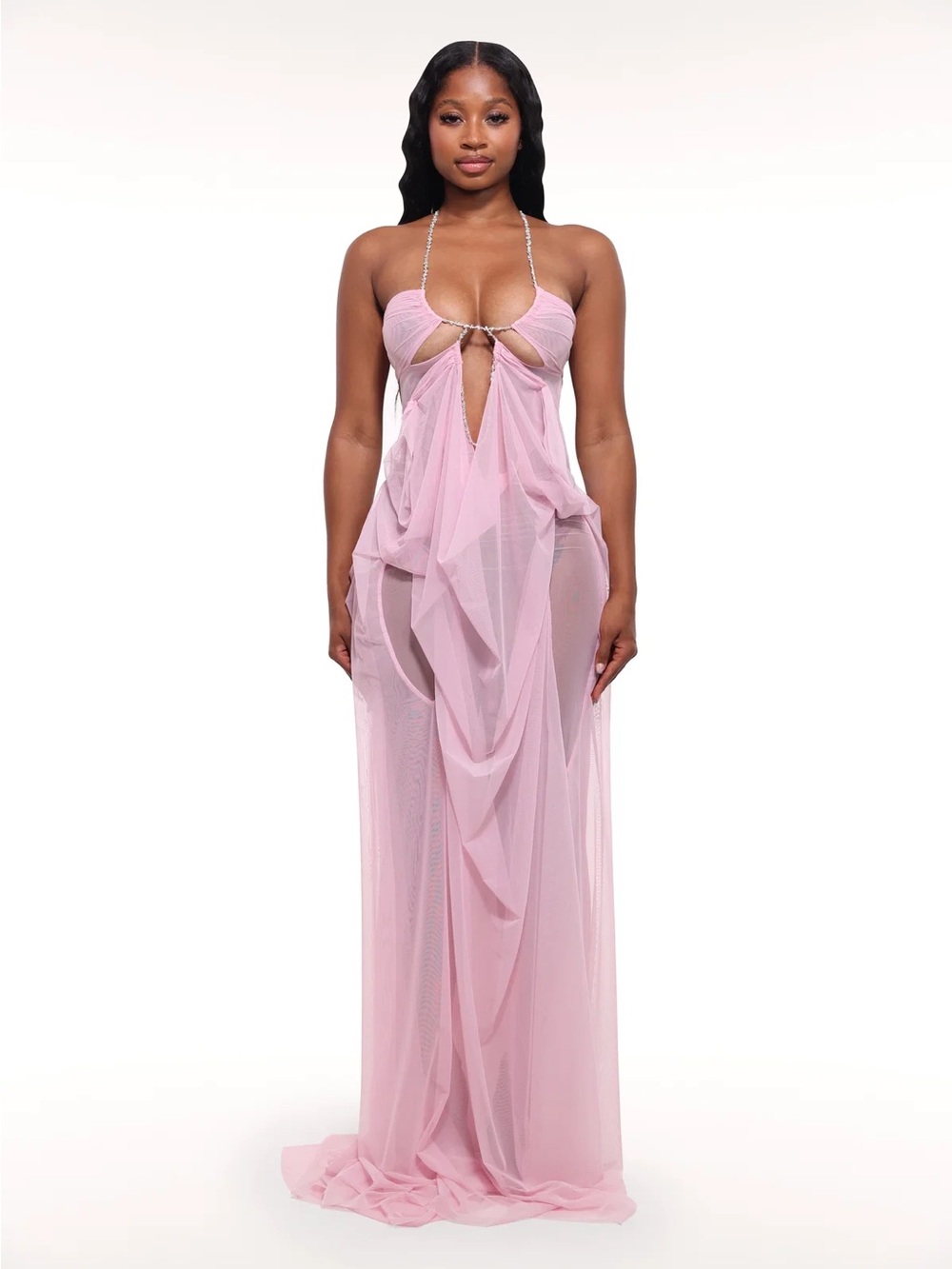 Sheer Draped Halter Maxi Dress in Blush Pink